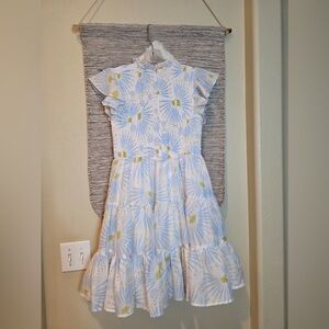J. Marie Smocked Ruffle Dress Tiered White Blue Floral Size S